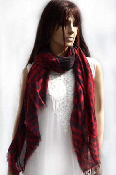 Wollen sjaal of stola, rood, bordeaux en taupe