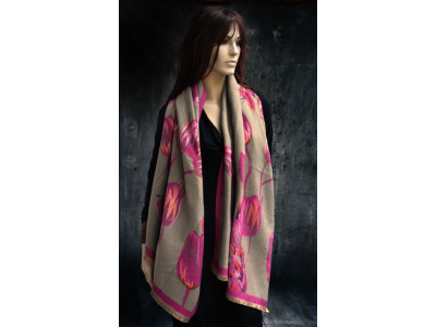 Tulpen en vlindersjaal, beige, roze en andere kleuren