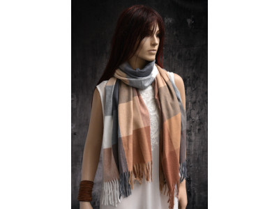 Warme wollen sjaal met ruit- of blokpatroon, bruin, beige, grijs, wit