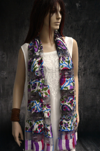 Bohemian Chic zijden sjaaltje, paars, blauw. fuchsia
