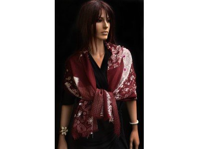 Wollen sjaal of stola, patchwork fantasie, bordeaux en offwhite