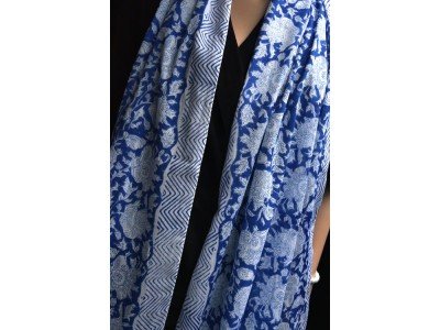 Katoenen origineel blockprintsjaaltje, blauw, wit