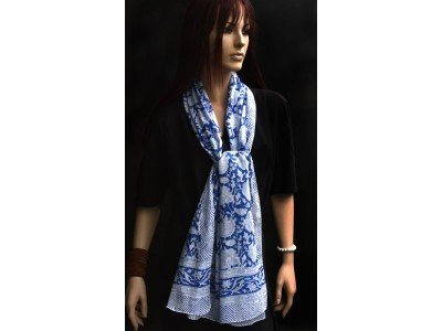 Katoenen origineel blockprintsjaaltje, blauw, wit