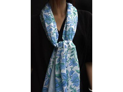 Katoenen blockprintsjaaltje, blauw, groen en wit