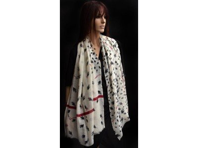 Wollen sjaal, vogels, offwhite, zwart en rood