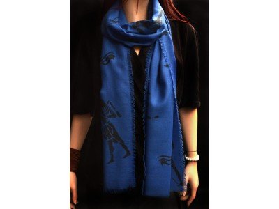 Wollen sjaaltje, smal, donkerblauw, egyptische symbolen