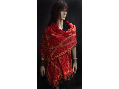 Wollen sjaal met elasthan, donkerrood en camel