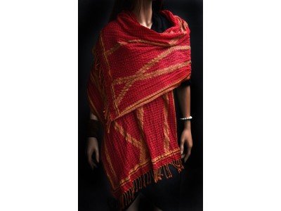 Wollen sjaal met elasthan, donkerrood en camel