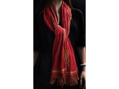 Wollen sjaal met elasthan, donkerrood en camel