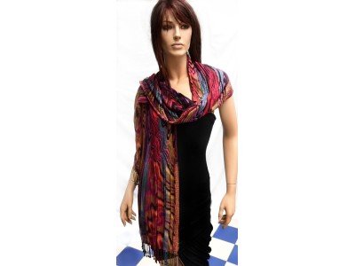 Viscose boho, casual sjaal voor onder een jas, paars, roze, blauw, oranje en rood