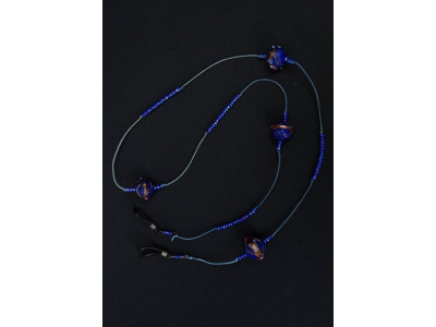 Handmade design brillenkoordje, blauw met koperkleurige kralen