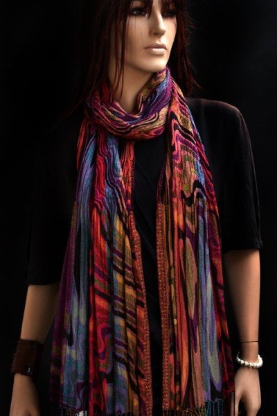 Viscose boho, casual sjaal voor onder een jas, paars, roze, blauw, oranje en rood