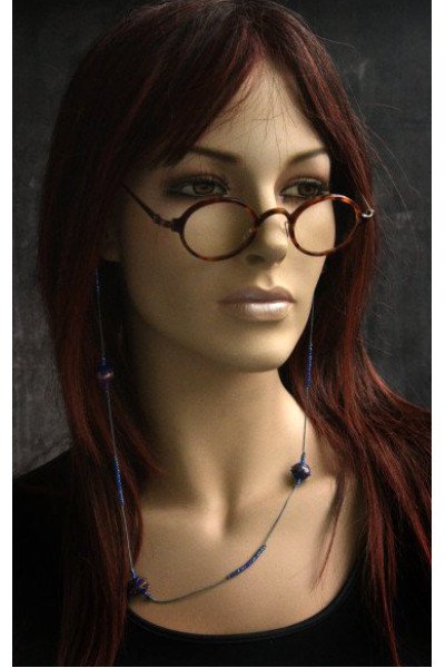 Handmade design brillenkoordje, blauw met koperkleurige kralen
