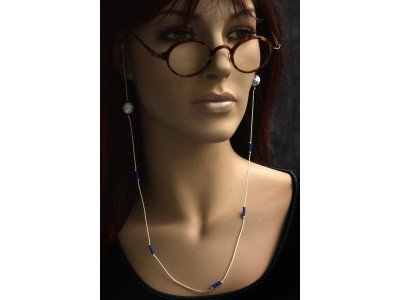 Handmade design brillenkoordje, blauw, wit, kralen