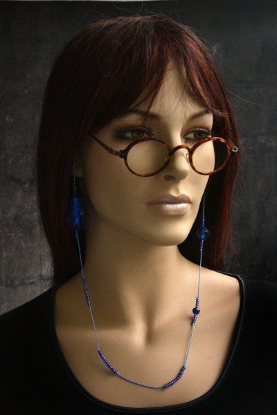 Handmade design brillenkoordje blauw, kralen, asymetrisch