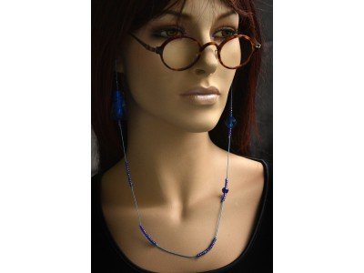 Handmade design brillenkoordje blauw, kralen, asymetrisch