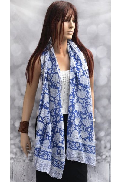 Katoenen origineel blockprintsjaaltje, blauw, wit