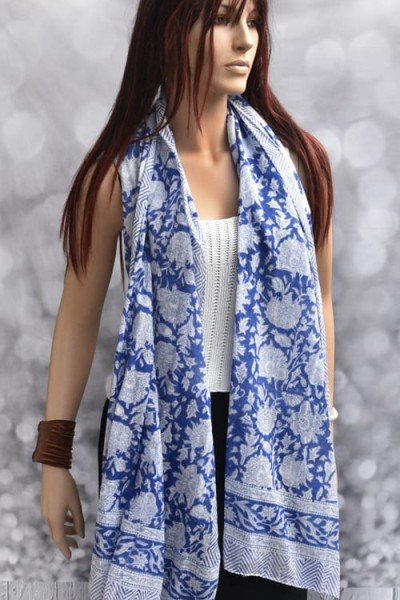 Katoenen origineel blockprintsjaaltje, blauw, wit