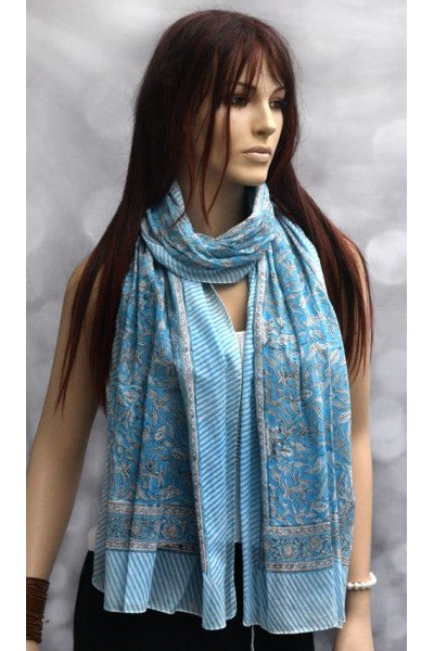 Katoenen sjaaltje met originele blockprint, blauw, zwart, wit