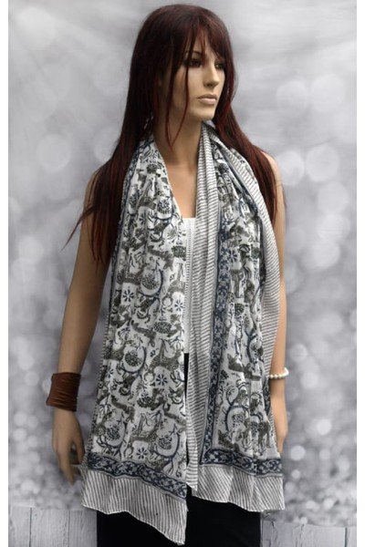 Katoenen sjaaltje met originele blockprint, blauw, groen, zwart, wit