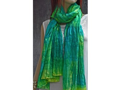 Handgeschilderde zijden pongeesjaal, turquoise, groen, lichtgroen, extra lang
