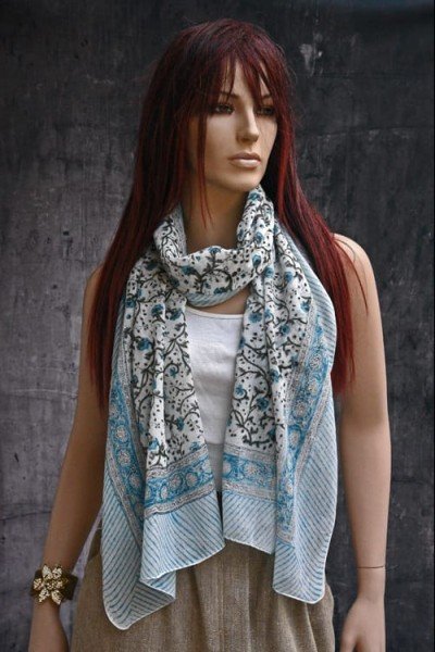 Katoenen sjaaltje met originele blockprint, turquoise, wit, zwart, groen
