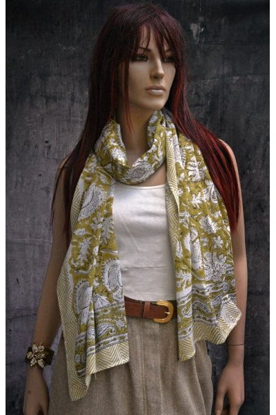Katoenen sjaaltje met originele blockprint, mosterd, wit, bruin, zwart