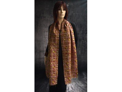 Zijden vintage kantha sjaal, geel, rood en roze