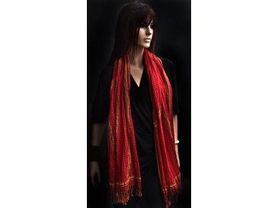 Wollen sjaal met elasthan, donkerrood en camel