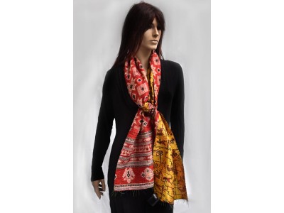 Zijden vintage kantha sjaal, geel, rood en zwart