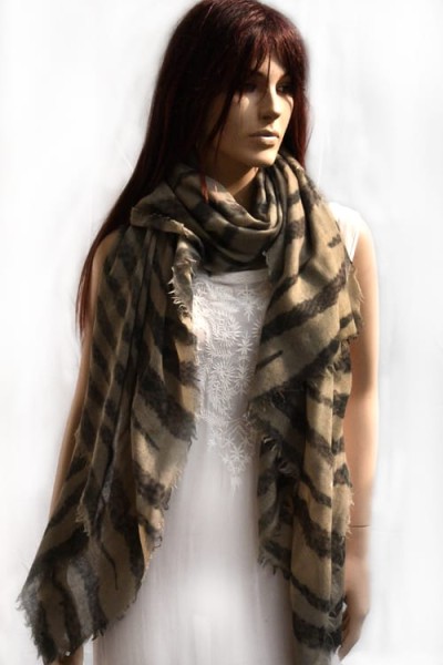 Wollen sjaal of stola met horizontale strepen, bruin, grijs, taupe