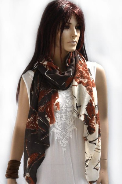 Wollen sjaal of stola, bruin en offwhite, bloemen