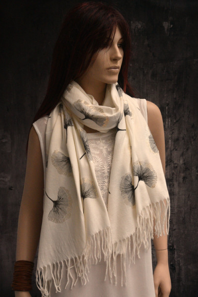 Zachte sjaal met print ginko biloba, offwhite, zwart en goud