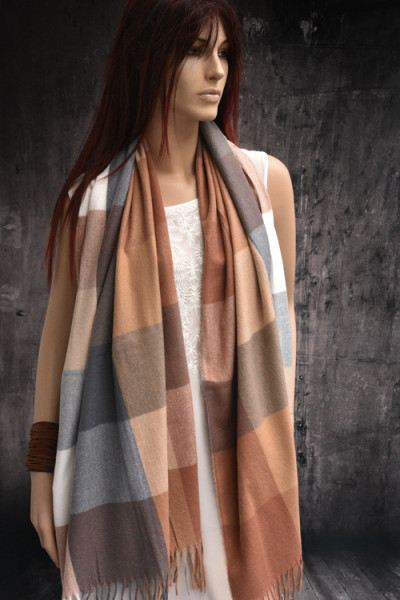Warme wollen sjaal met ruit- of blokpatroon, bruin, beige, grijs, wit