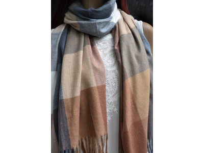 Warme wollen sjaal met ruit- of blokpatroon, bruin, beige, grijs, wit