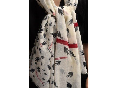 Wollen sjaal, vogels, offwhite, zwart en rood