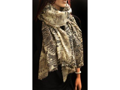 Wollen sjaal of stola met vintage paisley motieven, offwhite, grijs en taupe