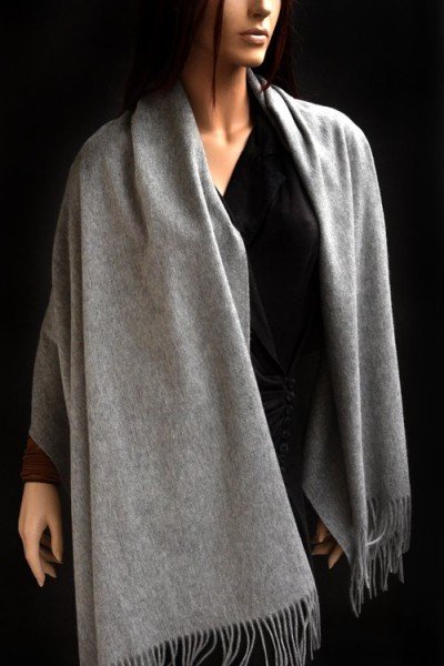 Echte dikke wollen cashmere sjaal met franjes, grijs, uniseks