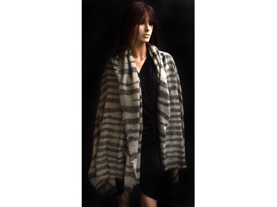 Wollen sjaal of stola met horizontale strepen, bruin, grijs, taupe