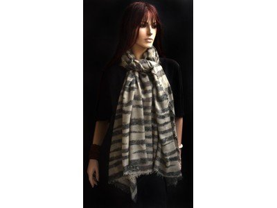 Wollen sjaal of stola met horizontale strepen, bruin, grijs, taupe