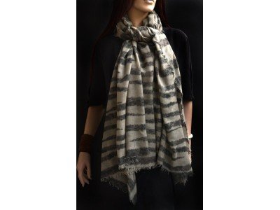Wollen sjaal of stola met horizontale strepen, bruin, grijs, taupe