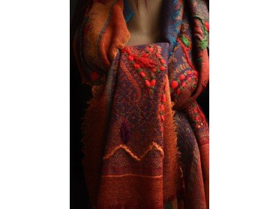 Wollen sjaal of stola, bohemian, oranje, bruin en turquoise