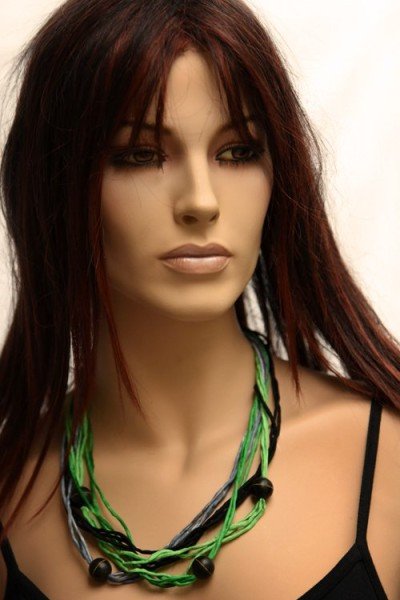 Echte handgeschilderde zijden ketting, lichtgroen, middengroen, platinagrijs en zwart