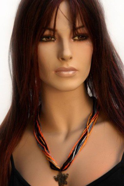 Echte handgeschilderde zijden ketting, zwart, grijs, oud geel, oranje