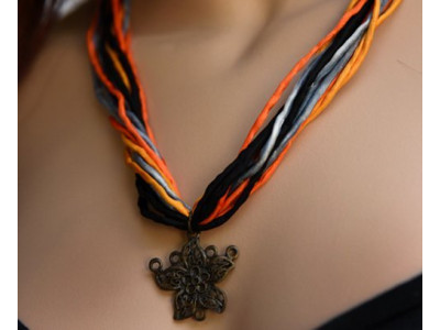 Echte handgeschilderde zijden ketting, zwart, grijs, oud geel, oranje