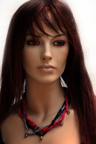 Echte handgeschilderde zijden ketting, zwart, grijs, roze, rood, fijne zilverkleurige kraaltjes