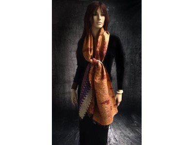 Zijden vintage kantha sjaal, paars bordeaux en mosterdgeel 