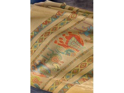 Pashmina sjaal met figuurtjes olifanten en paarden, gedempt goudkleurig